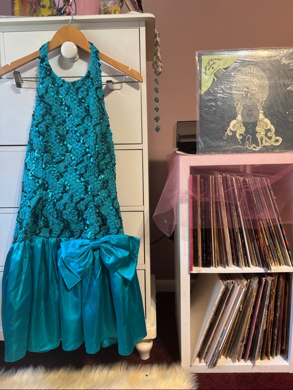 Vintage 80’s Sequin Party Dress Teal Bow Halter Bow Dropwaist Cocktail Dance 90’